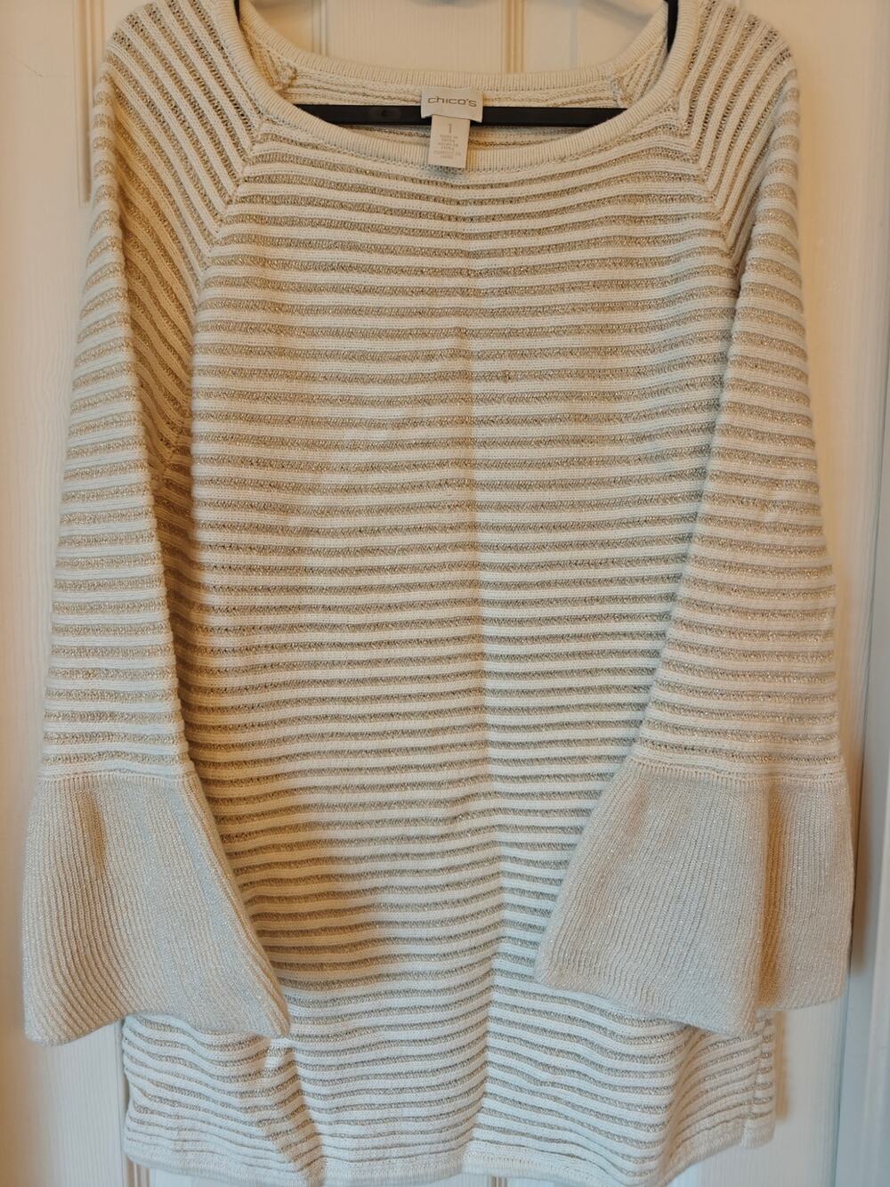 Chico's Metallic Gold & Cream Striped Tunic Sweater Size 1 Medium Fluted Sleeve